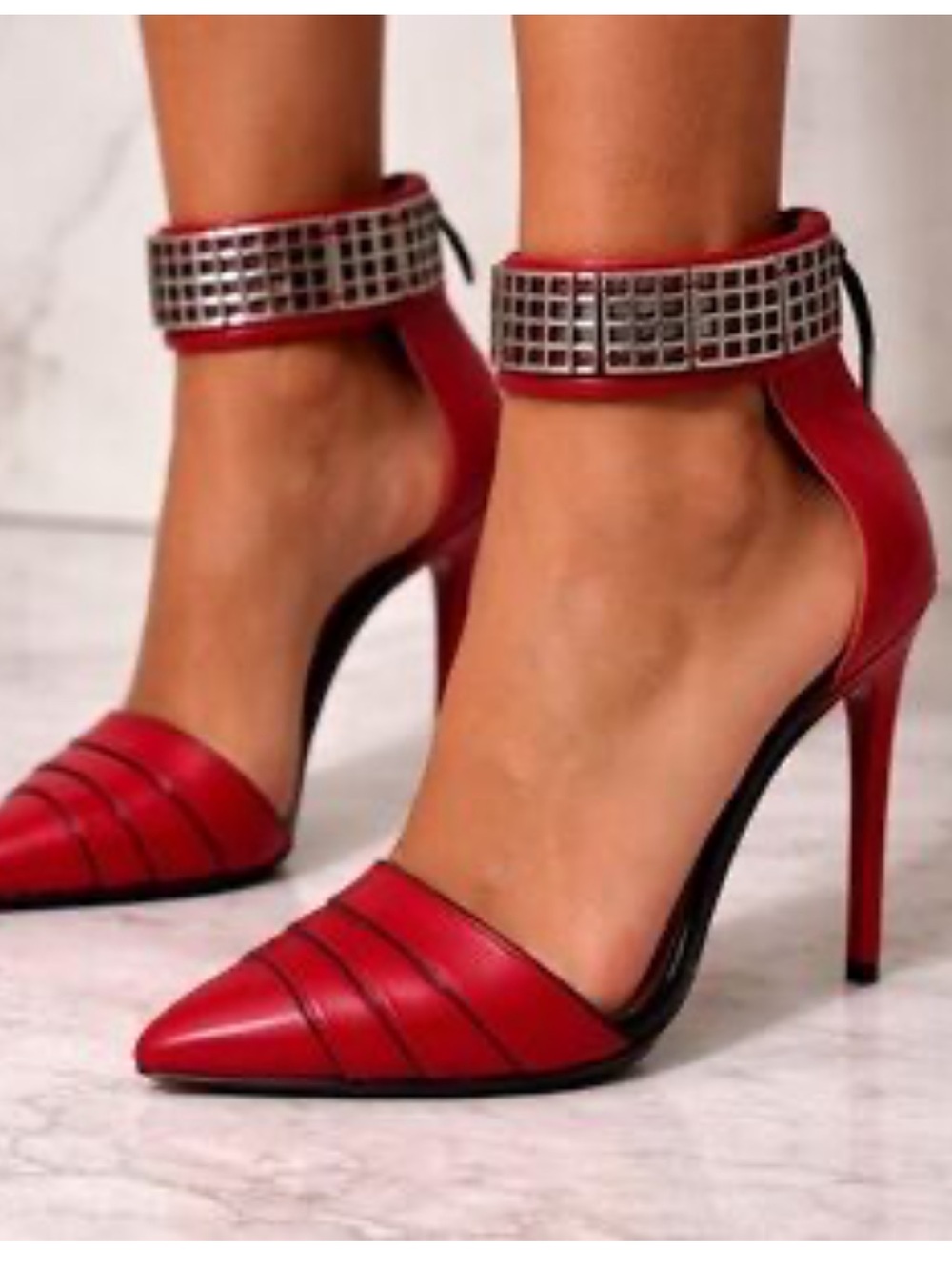Y2K L.A.M. B Red Studded Ankle-Strap Stiletto Pumps - Women
